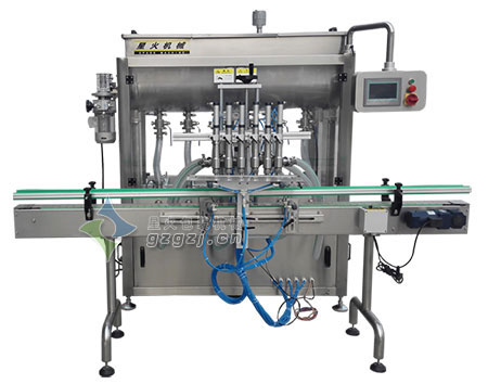 六頭紅油灌裝機，臥式攪拌大顆粒醬料灌裝機